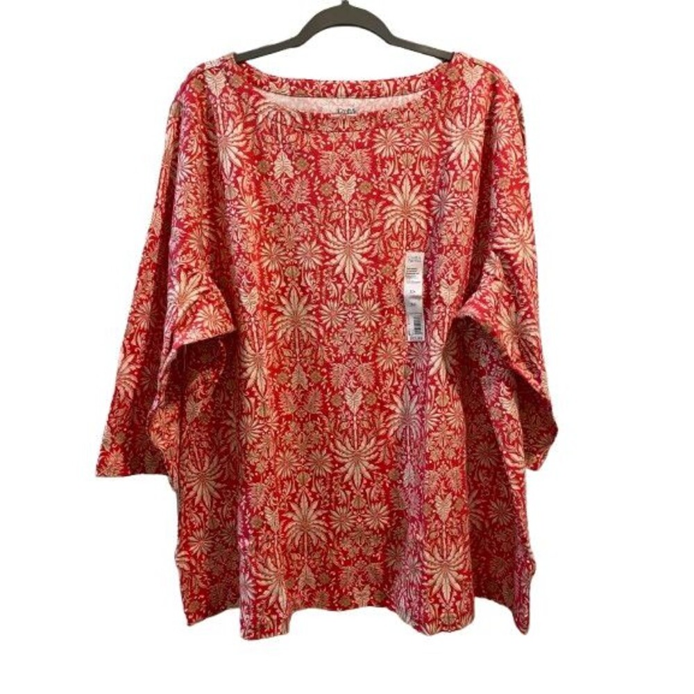 Women's 3X Classic Tee Boatneck 3/4 Sleeve Croft & Barrow Cotton Coral & Tan